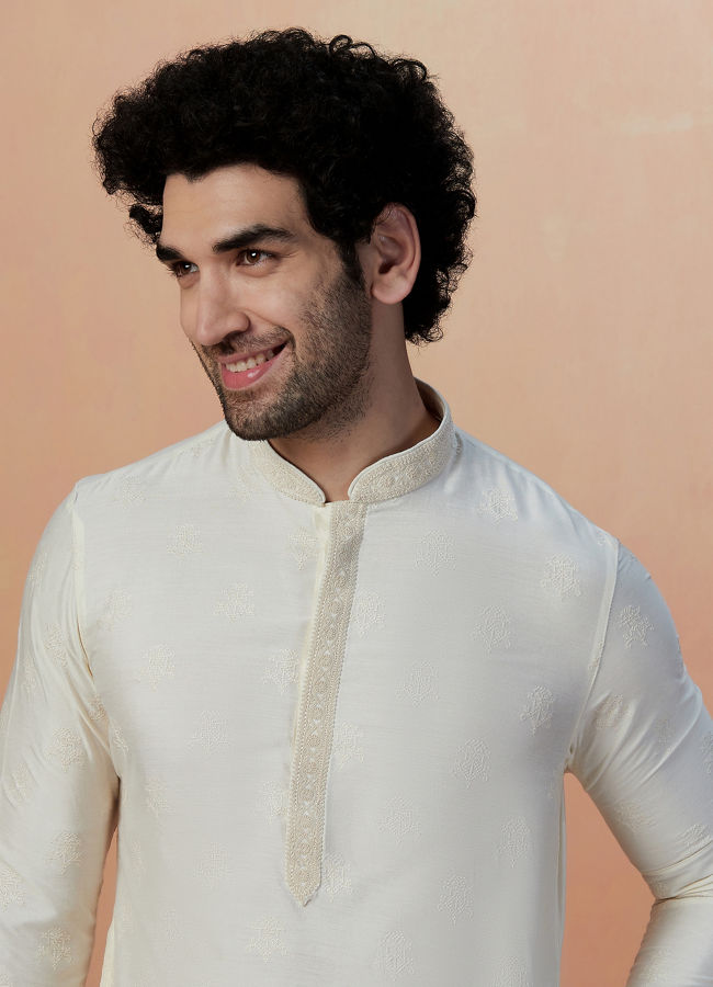 alt message - Manyavar Men White Self Design Kurta Pajama image number 0